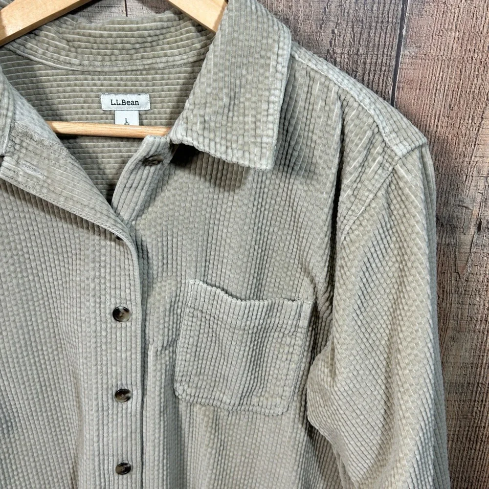 LL Bean Comfort Corduroy Big Shirt Beige Button Down Large Coastal Grandmother L